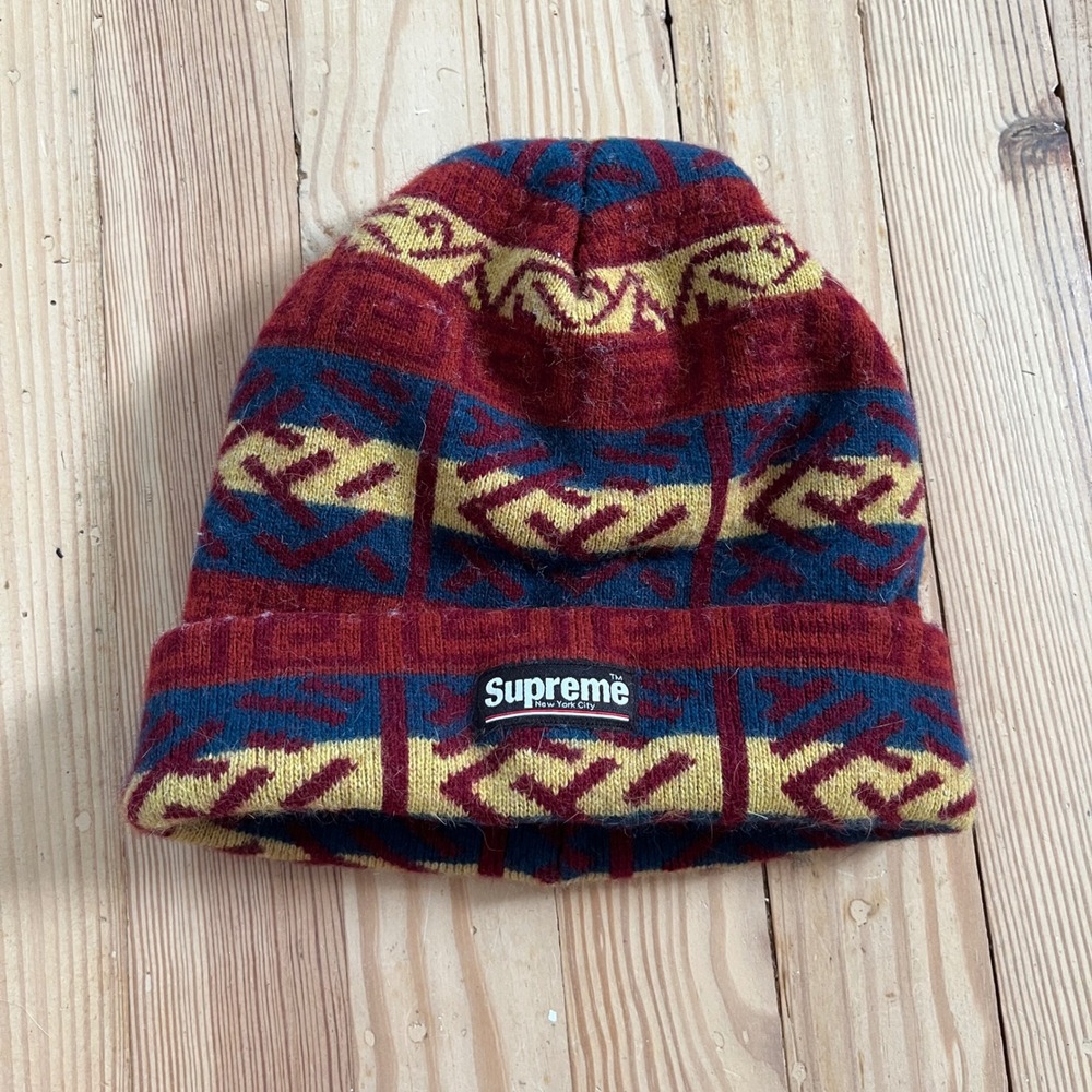 Supreme NYC Beanie Red Blue Yellow Geometric Angora Wool Blend Knit Stretchy Hat